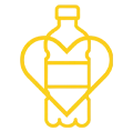 Yellow line-art icon of a bottle with a heart shape integrated into the design, symbolizing healthy or loved beverages.